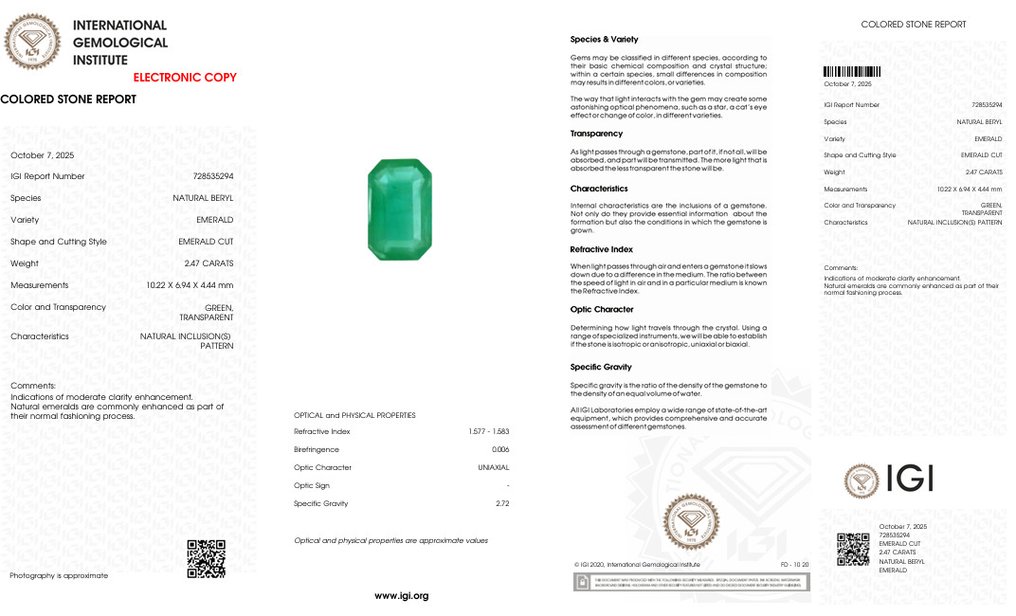 1 pcs  Green Emerald  - 2.47 ct - International Gemological Institute (IGI) #4.3