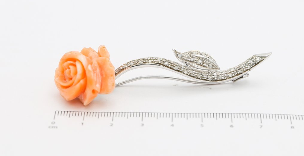 胸针 - 18K包金 白金 珊瑚 - 钻石 #2.1