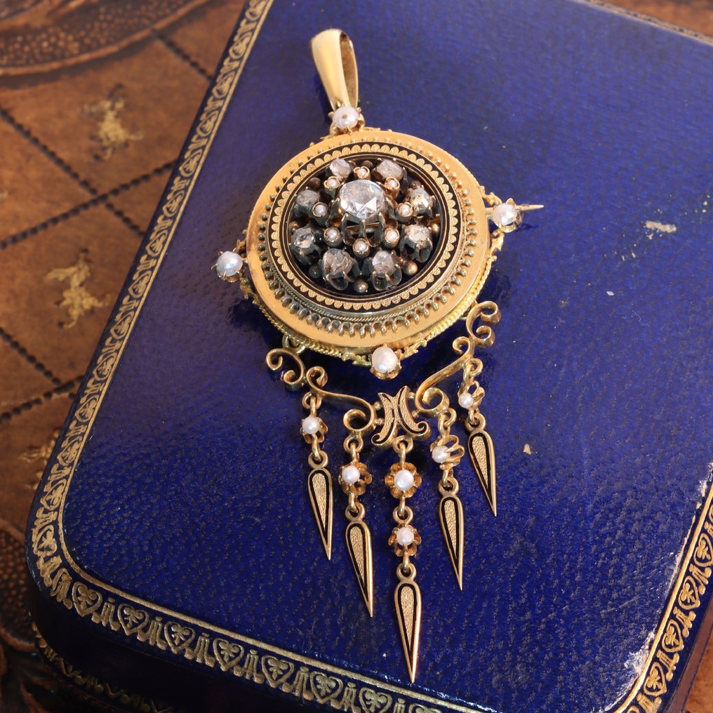 Riipus - 18 kt. Keltakulta - Timantti - Rintaneula, emali noin 1860 #1.0