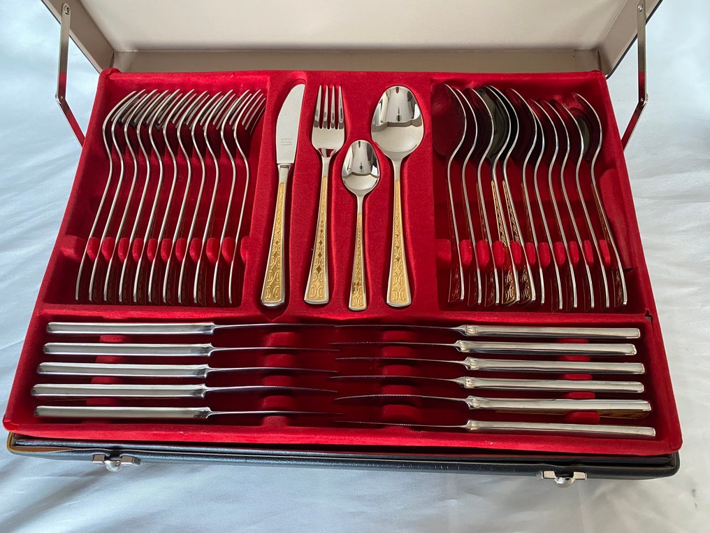 Cubertería de alta gama de Solingen bordes en oro - Faqueiro para 12 - Borda revestida em relevo de 23/24, kart, resto aço inoxidável 18/10 #2.1