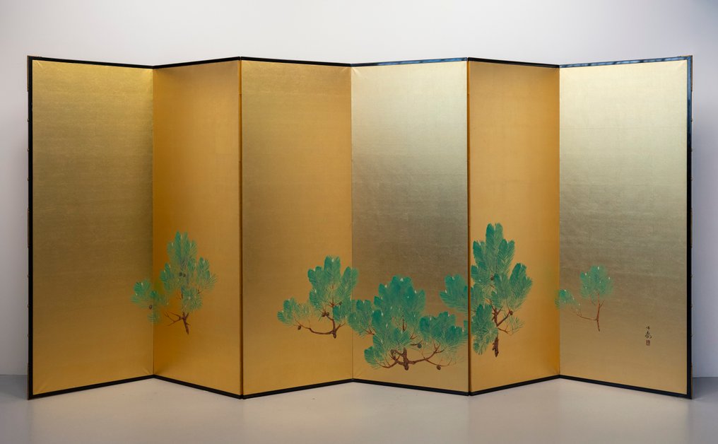 Byōbu屏風 - 一幅六扇的屏风,描绘优雅的松树枝条。 - 日本 #4.3