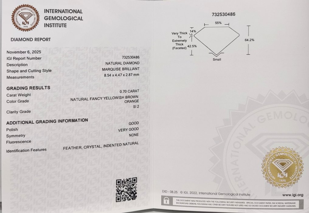 Zonder minimumprijs - 1 pcs Diamant (Natuurlijk gekleurd) - 0.70 ct - Markies - Fancy Geelachtig, Bruin Orange - SI2 - International Gemological Institute (IGI) #4.3
