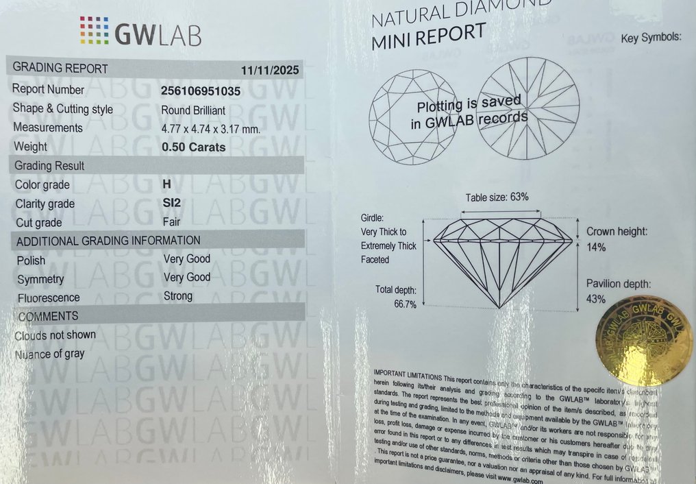 没有保留价 - 1 pcs 钻石  (天然)  - 0.50 ct - 圆形 - H - SI2 微内含二级 - Gemewizard宝石实验室（GWLab） #2.1