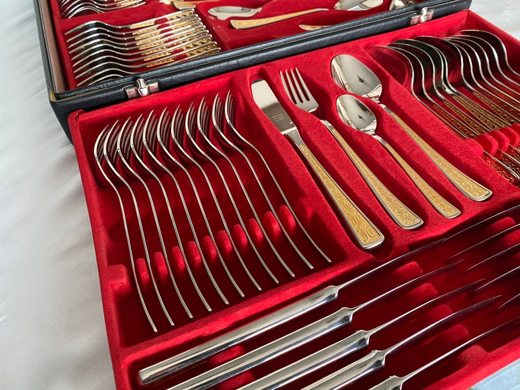 Cubertería de alta gama de Solingen bordes en oro - Faqueiro para 12 - Borda revestida em relevo de 23/24, kart, resto aço inoxidável 18/10 #1.0