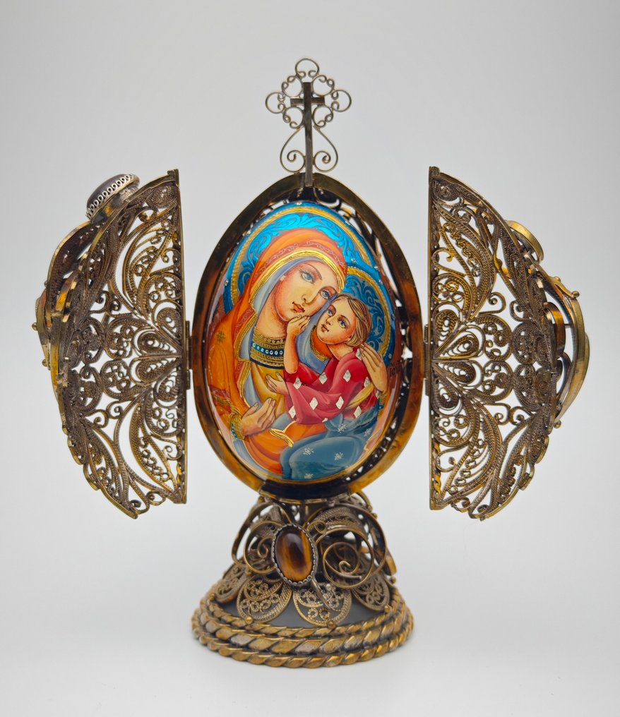 Russisk Ortodoks Filigran Madonna og Barn Ikon Egg - Komposittmateriale, Metall - 1990–2000 #1.0
