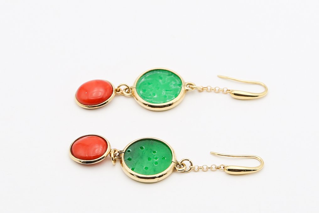 Boucles d'oreilles - 18 carats Or jaune Jade - Corail #1.0