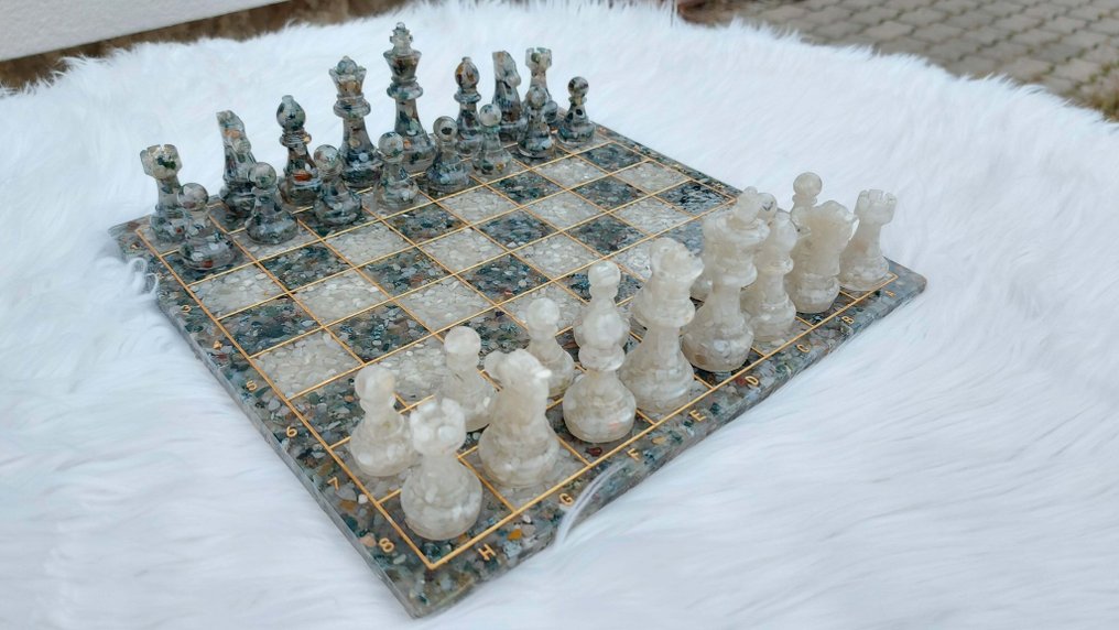 Chess set - 100% Moss Agate (Italy), 100% White Moonstone (Madagascar), Resin #1.0