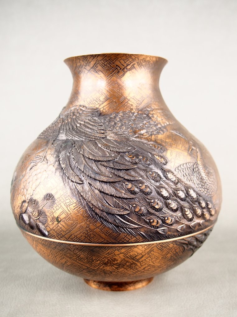 Sanpo 的带针花瓶与凤凰图案 - 青銅色 - 日本 - 昭和年代(1926-1989) #1.0