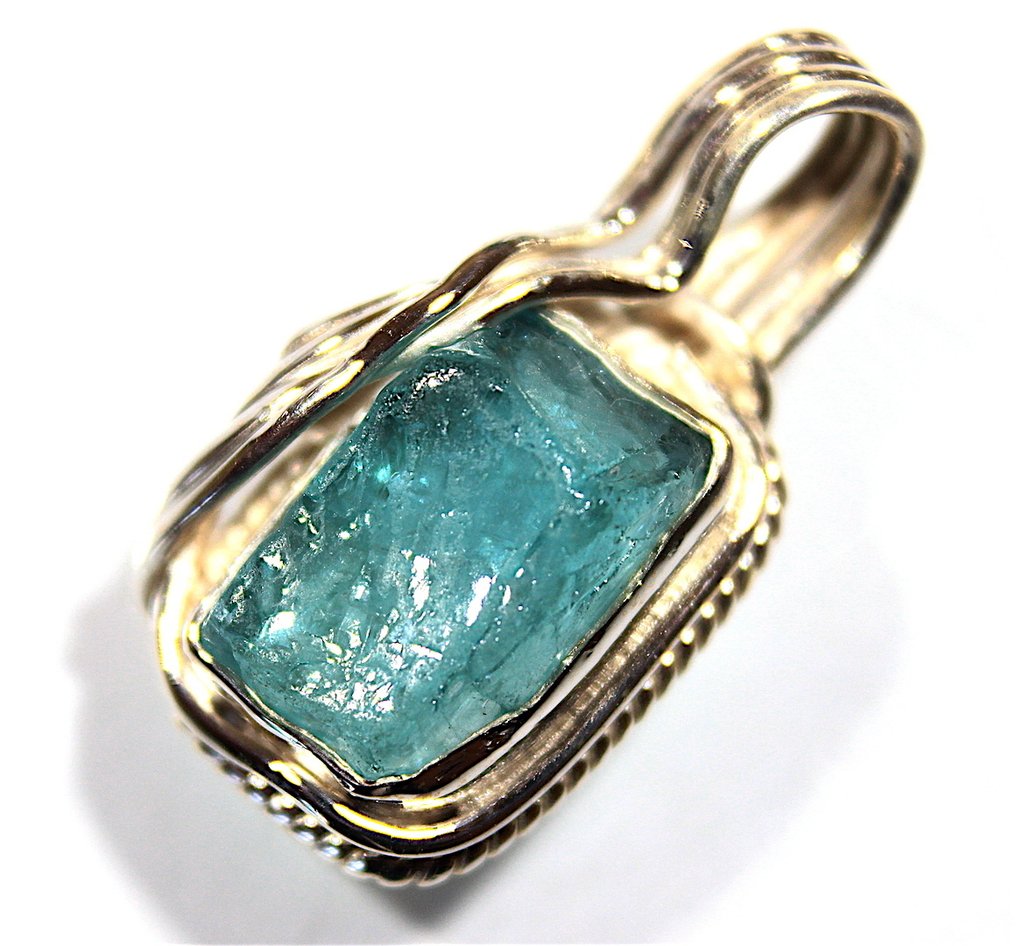 No Reserve Price - Ct. 20.30 Pendente in Argento con Apatite Neon Naturale - Catenina 925 AG - Altezza: 24 mm - Larghezza: 12 mm- 4.06 g #4.3