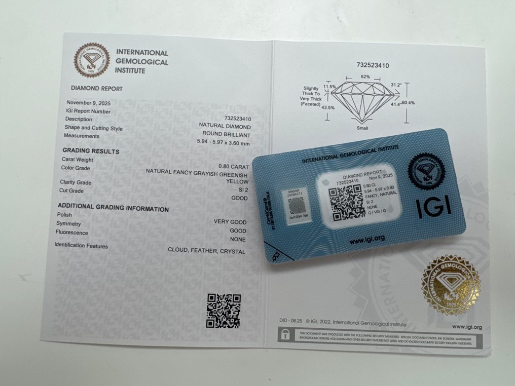 没有保留价 - 1 pcs 钻石  (天然色彩的)  - 0.80 ct - 圆形 - Fancy 稍帶灰色的, 稍帶綠色的, 黄色 - SI2 微内含二级 - 国际宝石研究院（IGI） #2.1