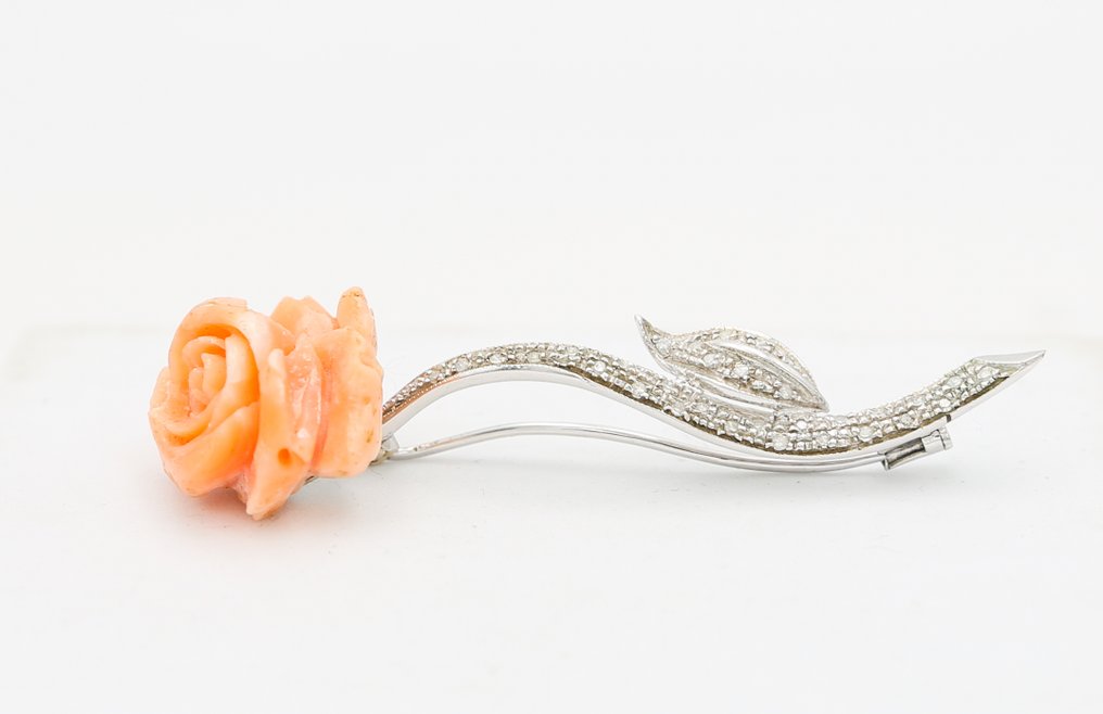 胸针 - 18K包金 白金 珊瑚 - 钻石 #1.0