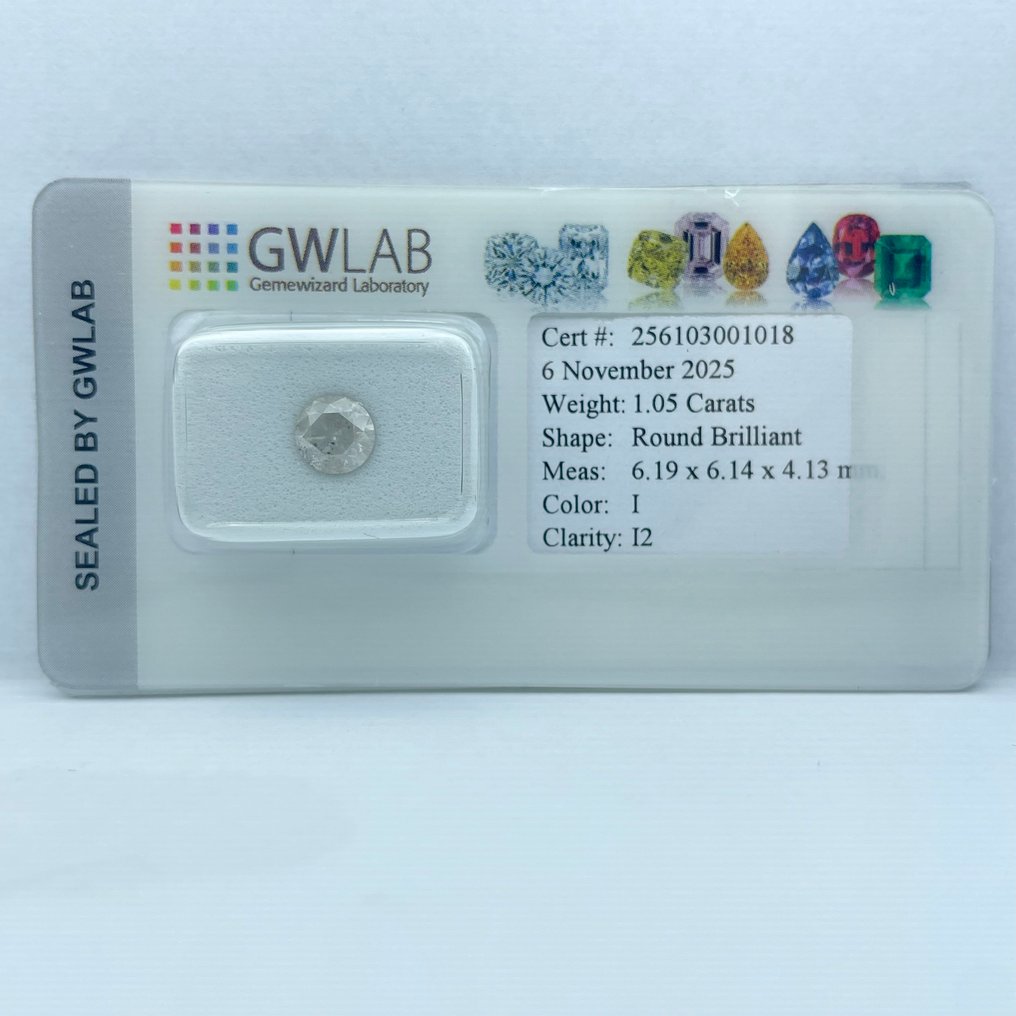 Sem preço de reserva - 1 pcs Diamante (Natural) - 1.05 ct - Redondo - I - I2 - Gemewizard Gemological Laboratory (GWLab) #4.3