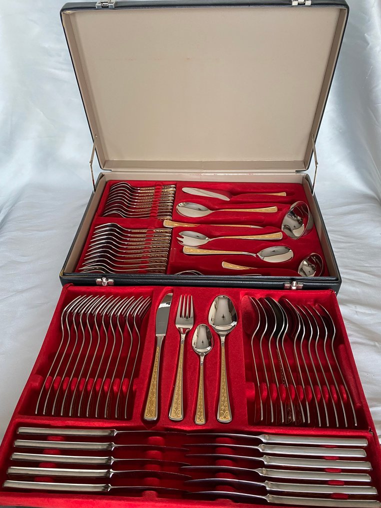 Cubertería de alta gama de Solingen bordes en oro - Faqueiro para 12 - Borda revestida em relevo de 23/24, kart, resto aço inoxidável 18/10 #1.0