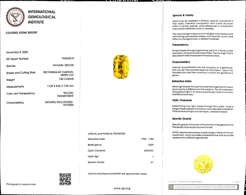 黄色 锆石  - 7.82 ct - 国际宝石研究院（IGI） #2.1