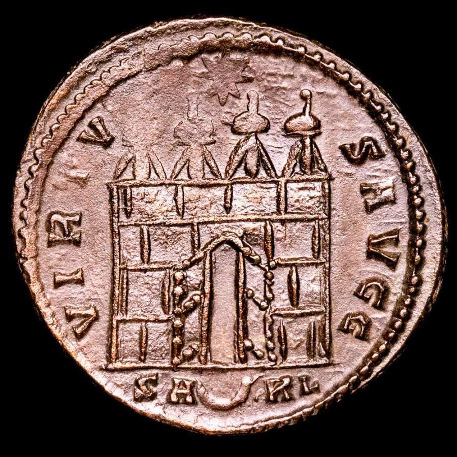 Ρωμαϊκή Αυτοκρατορία. Constantine I (AD 306-337). Follis Minted in Arles, 325-327 A.D.  VIRTVS AVGG, campgate with open doors and four turrets. #1.0