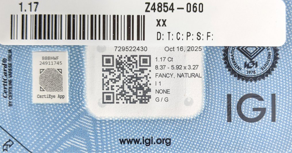 Zonder minimumprijs - 1 pcs Diamant (Natuurlijk gekleurd) - 1.17 ct - Peer - Fancy Grijsachtig, Groen Geel - P1 - International Gemological Institute (IGI) #3.2