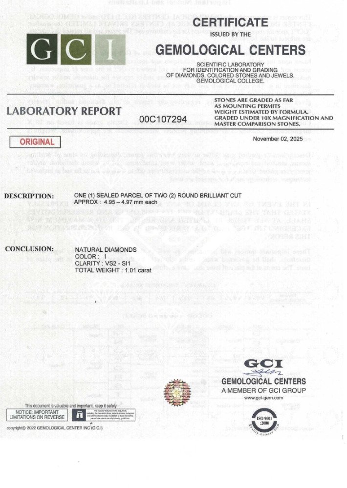 没有保留价 - 2 pcs 钻石  (天然)  - 1.01 ct - 圆形 - I - VS2 轻微内含二级, SI1 微内含一级 - 以色列宝石中心（G.C.I.） #1.0