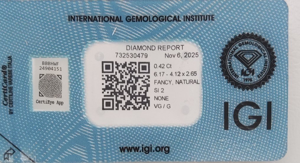 没有保留价 - 1 pcs 钻石  (天然色彩的)  - 0.42 ct - 梨形 - Fancy 稍帶棕色的, 稍帶綠色的 黄色 - SI2 微内含二级 - 国际宝石研究院（IGI） #2.1