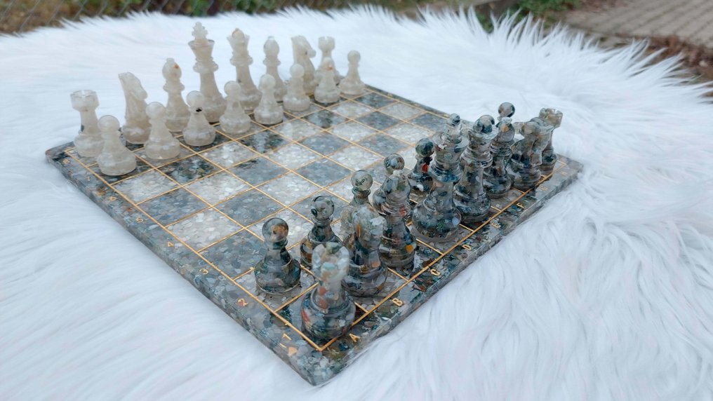 Chess set - 100% Moss Agate (Italy), 100% White Moonstone (Madagascar), Resin #3.2