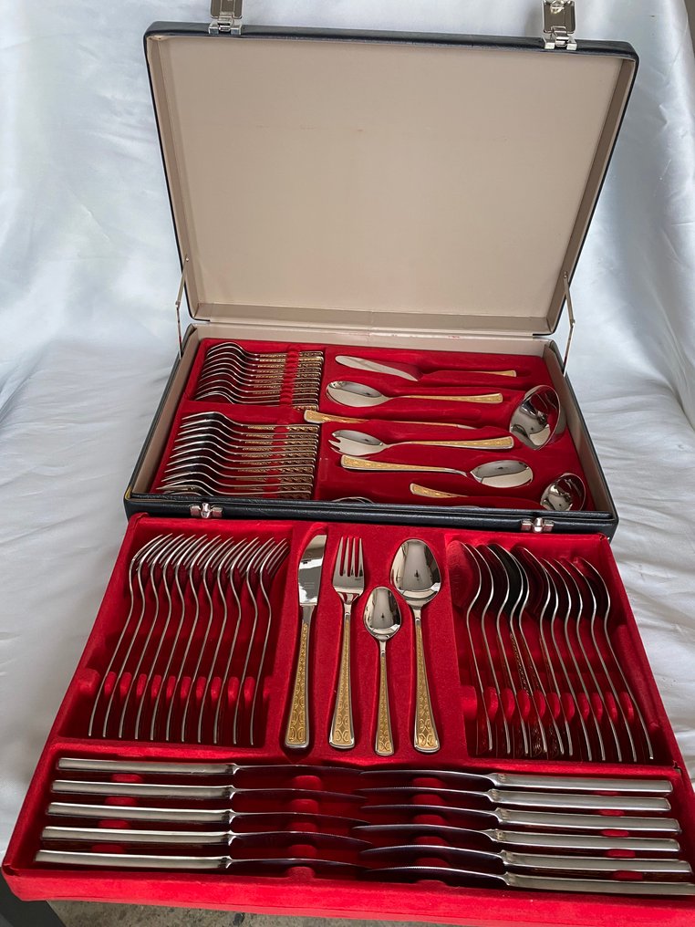 Cubertería de alta gama de Solingen bordes en oro - Faqueiro para 12 - Borda revestida em relevo de 23/24, kart, resto aço inoxidável 18/10 #4.3