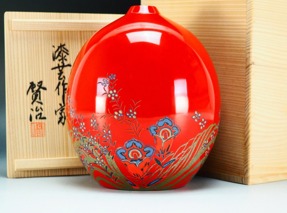 Βάζο - Βερνίκι - Πολύ καλό μοντέρνο βάζο με σχέδιο λουλουδιών, υπογεγραμμένο - συμπεριλαμβανομένου - Ιαπωνία #1.0