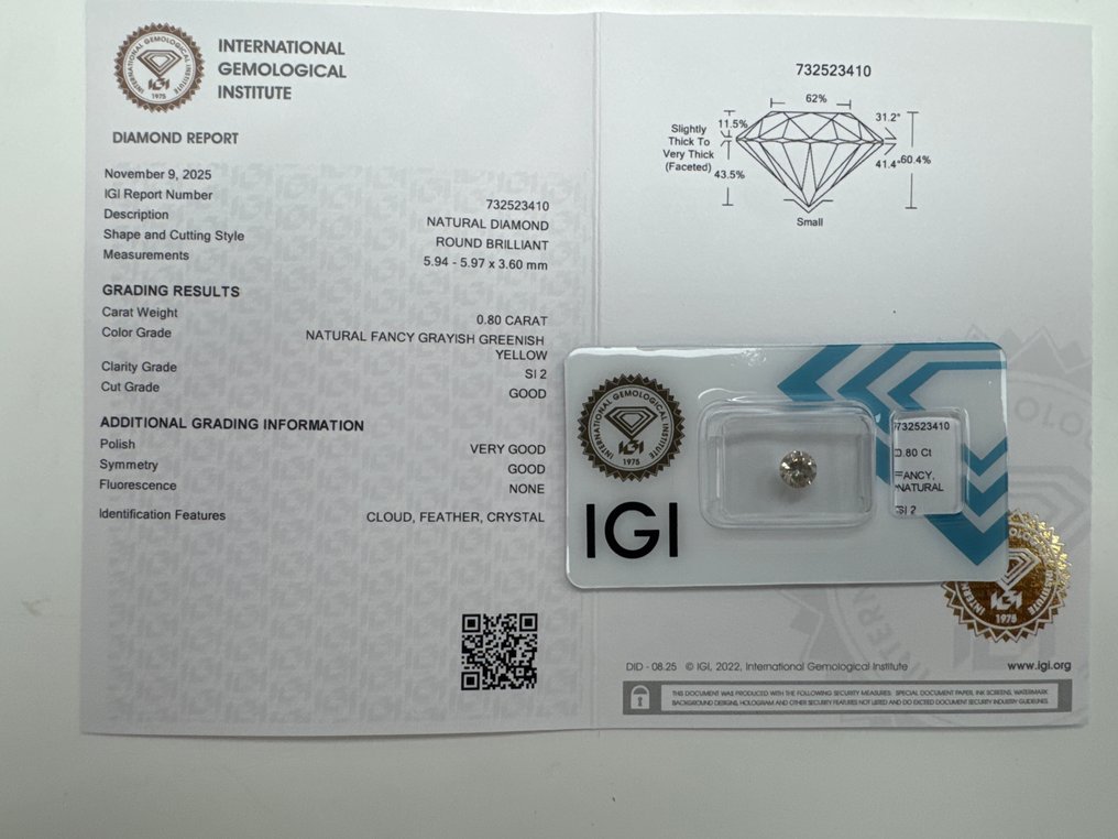 没有保留价 - 1 pcs 钻石  (天然色彩的)  - 0.80 ct - 圆形 - Fancy 稍帶灰色的, 稍帶綠色的, 黄色 - SI2 微内含二级 - 国际宝石研究院（IGI） #1.0