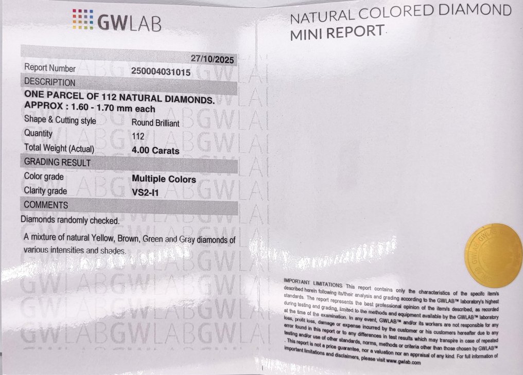 没有保留价 - 112 pcs 钻石  (天然色彩的)  - 4.00 ct - 圆形 混合色彩 - I1 内含一级, VS2 轻微内含二级 - Gemewizard宝石实验室（GWLab） #2.1