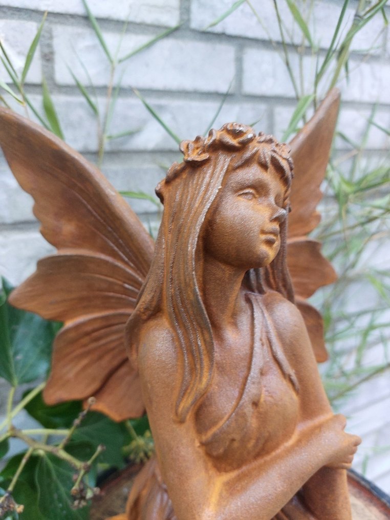 Statue, metal statue of a kneeling fairy - 26 cm - Cast iron #4.3