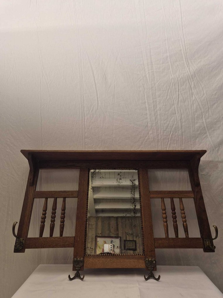 衣帽架 - 具有镜子和木质细节的古董墙挂衣架，阿尔迪斯风格 - 木 #1.0