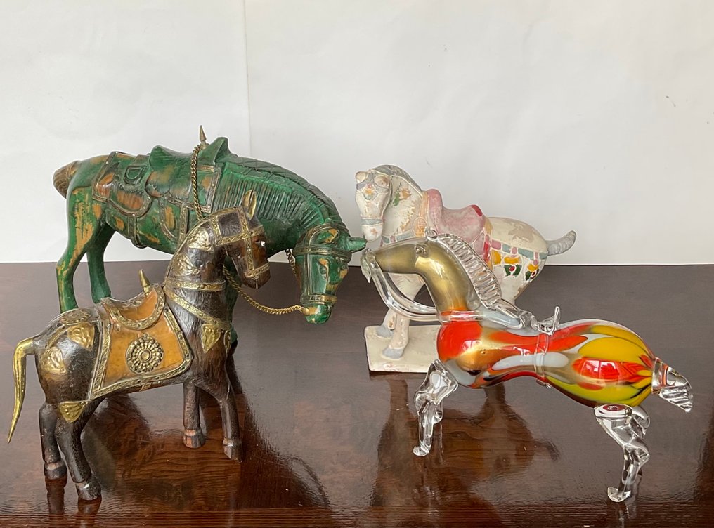 Γλυπτό, Paarden - 21 cm - Ξύλο, Terracotta, Γυαλί #1.0