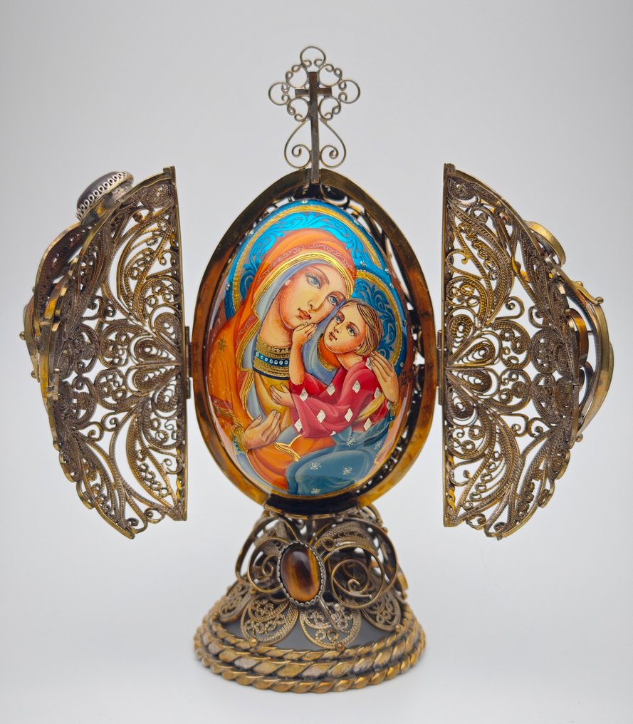 Russisk Ortodoks Filigran Madonna og Barn Ikon Egg - Komposittmateriale, Metall - 1990–2000 #1.0