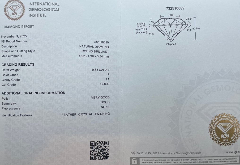 No Reserve Price - 1 pcs Diamond  (Natural)  - 0.53 ct - Round - F - I1 - International Gemological Institute (IGI) #2.1