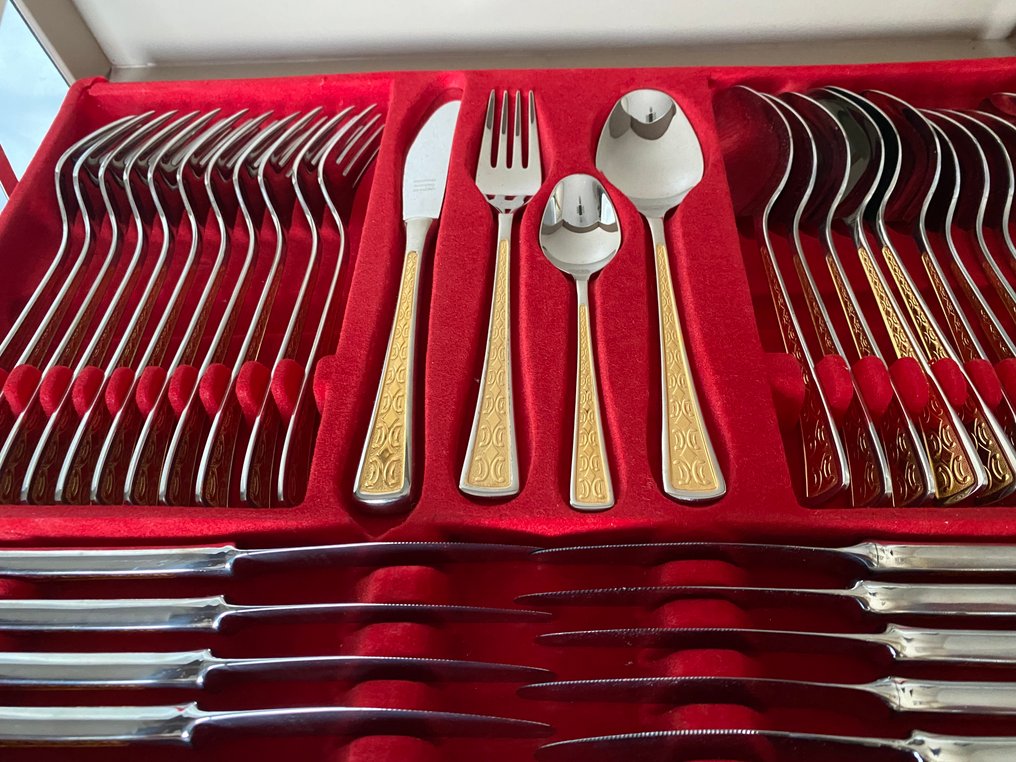 Cubertería de alta gama de Solingen bordes en oro - Faqueiro para 12 - Borda revestida em relevo de 23/24, kart, resto aço inoxidável 18/10 #3.2
