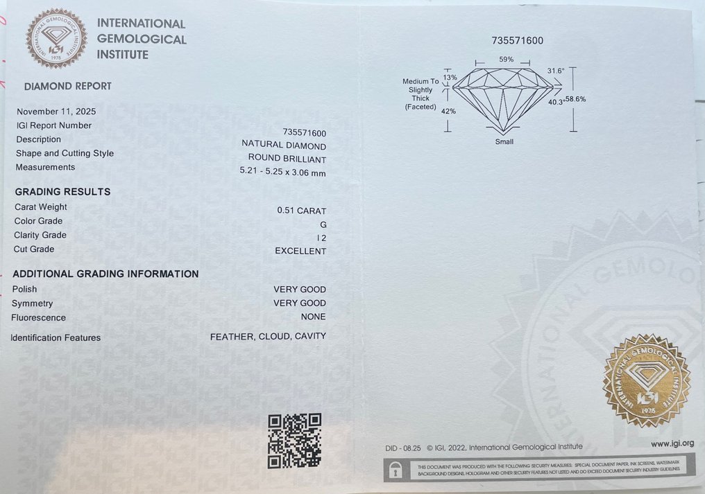 没有保留价 - 1 pcs 钻石 (天然) - 0.51 ct - 圆形 - G - I2 内含二级 - 国际宝石研究院(IGI) #2.1
