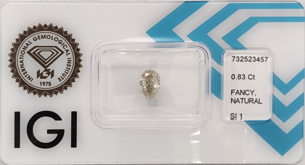Fără preț de rezervă - 1 pcs Diamant (Colorat natural) - 0.83 ct - Pară - Fancy light Cenușiu, verzui Galben - SI1 - IGI (Institutul gemologic internațional) #1.0