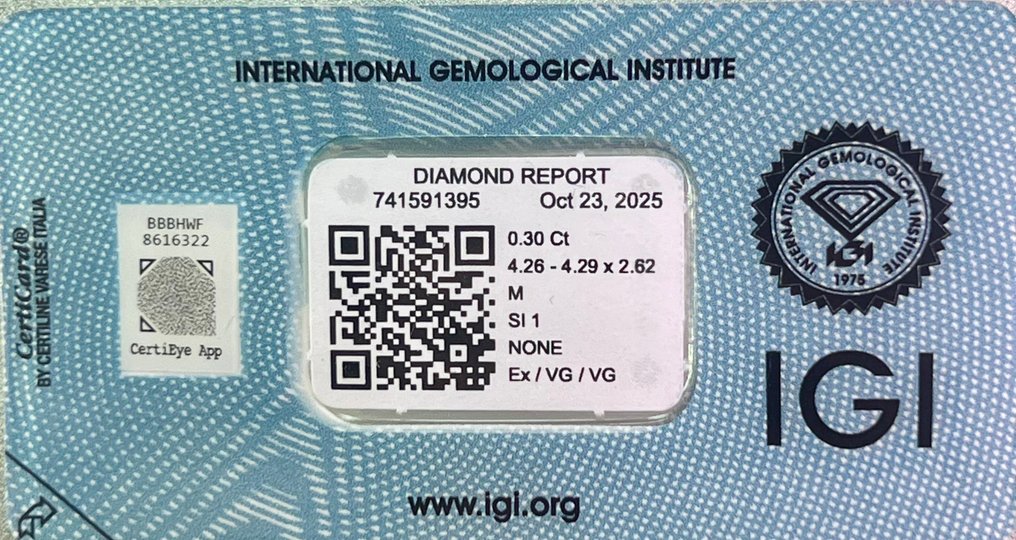 没有保留价 - 1 pcs 钻石  (天然)  - 0.30 ct - 圆形 - M - SI1 微内含一级 - 国际宝石研究院（IGI） #3.2