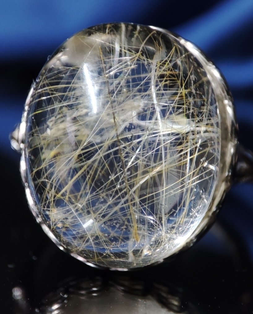 Kein Mindestpreis, wunderschöner seltener natürlicher Gold-Rutilquarz-Ring aus 925 Silber, - Ring #4.3