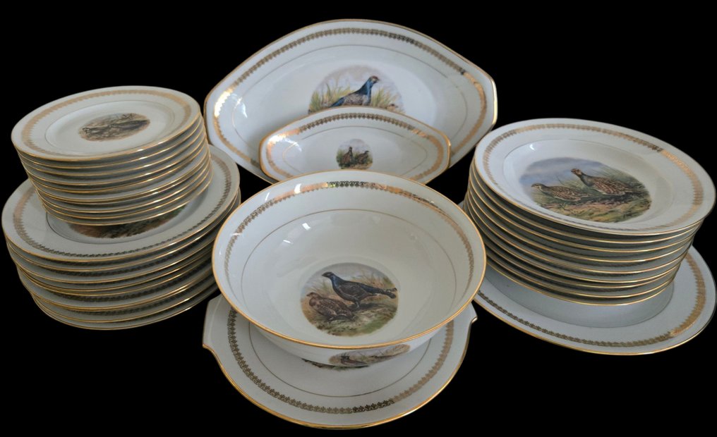 Limoges PL France - Σερβίτσιο τραπεζιού (33) - Πορσελάνη - Πολύχρωμες σκηνές κυνηγιού. #4.3