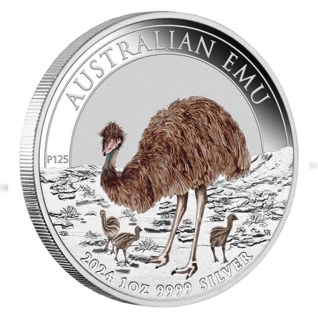 Australia. 1 Dollar 2024 1 oz Australian Emu Coloured Silver Rare Coin (w/ Box & COA) #1.0