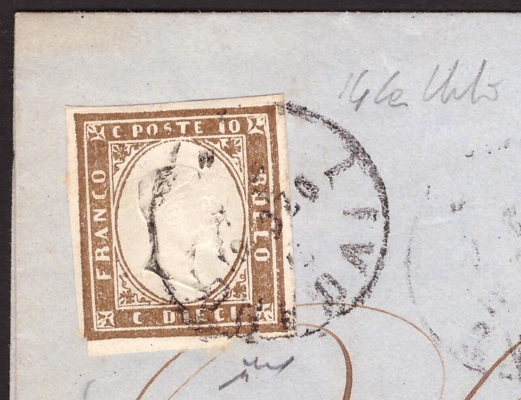 Italian Ancient States - Sardinia 1861 - Dark chocolate brown, first board on letter used in Livorno. - Sassone 14Ce #1.0