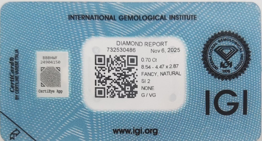 Zonder minimumprijs - 1 pcs Diamant (Natuurlijk gekleurd) - 0.70 ct - Markies - Fancy Geelachtig, Bruin Orange - SI2 - International Gemological Institute (IGI) #2.1