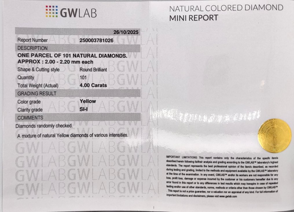 No Reserve Price - 101 pcs Diamond  (Natural coloured)  - 4.00 ct - Round Mixed yellow - I1, SI1 - Gemewizard Gemological Laboratory (GWLab) #3.2