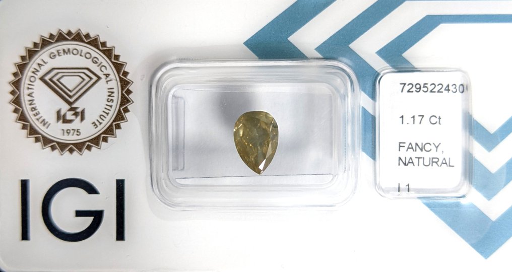 Zonder minimumprijs - 1 pcs Diamant (Natuurlijk gekleurd) - 1.17 ct - Peer - Fancy Grijsachtig, Groen Geel - P1 - International Gemological Institute (IGI) #1.0
