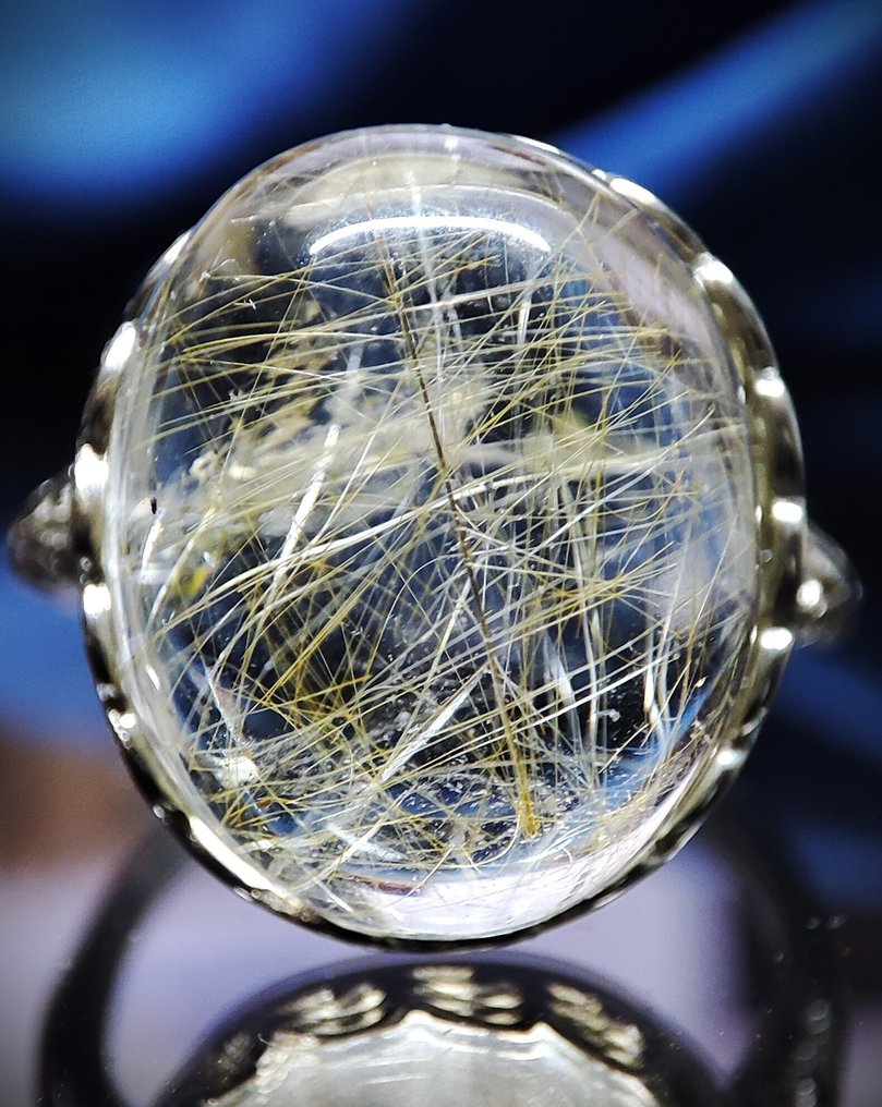 Kein Mindestpreis, wunderschöner seltener natürlicher Gold-Rutilquarz-Ring aus 925 Silber, - Ring #1.0