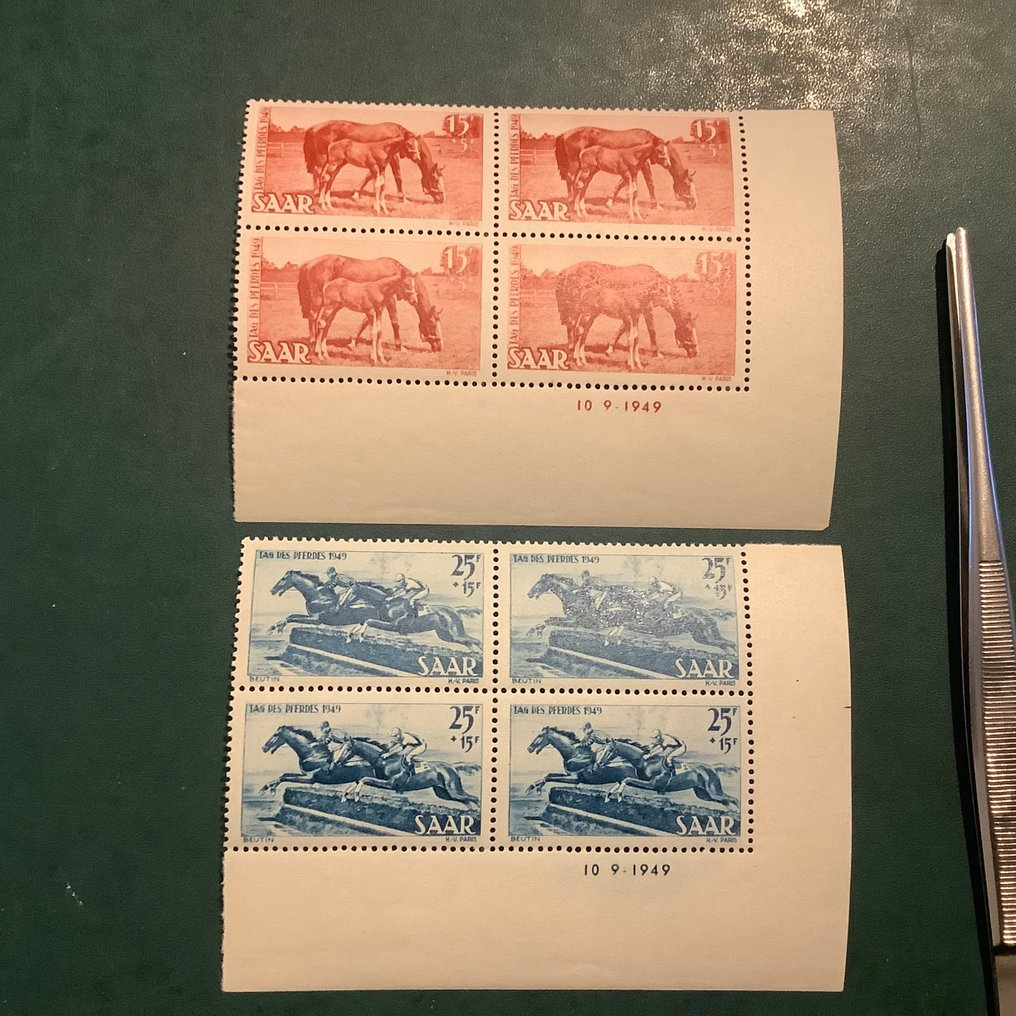 Saarland 1949 - Horse Day in a block of four with print date. - Michel 265/266, 265 Br en 266 Br #3.2