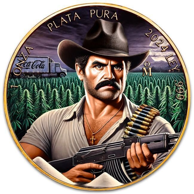 Mexico. 1 Onza 2024 1 oz Mexican Libertad El Narco 24k Gold Gilded Colorized Silver Coin #1.0