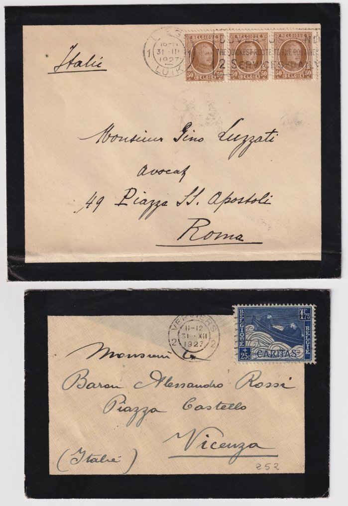 比利時 1927/1947 - 3个哀悼信封，带有来自Verviers和Liege的多样邮资，寄往意大利，带有+2挂号邮资。 #1.0