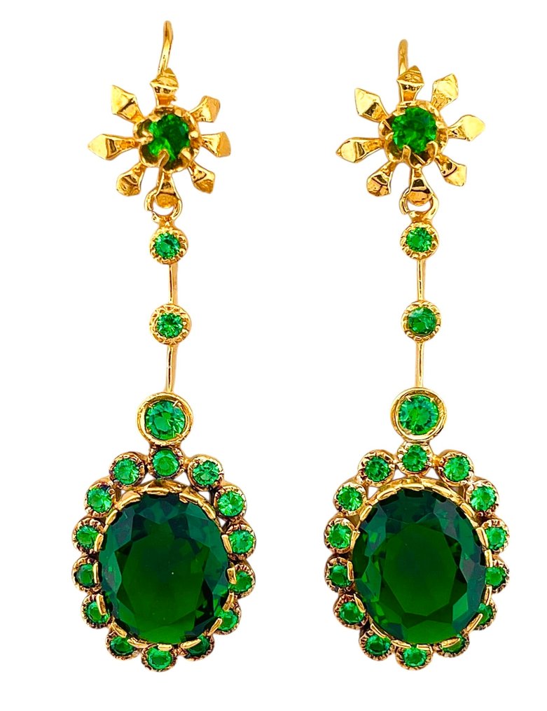 χωρίς τιμή ασφαλείας - Σκουλαρίκια - 9 kt. Κίτρινο χρυσό, Ασημί Σμαράγδι #1.0