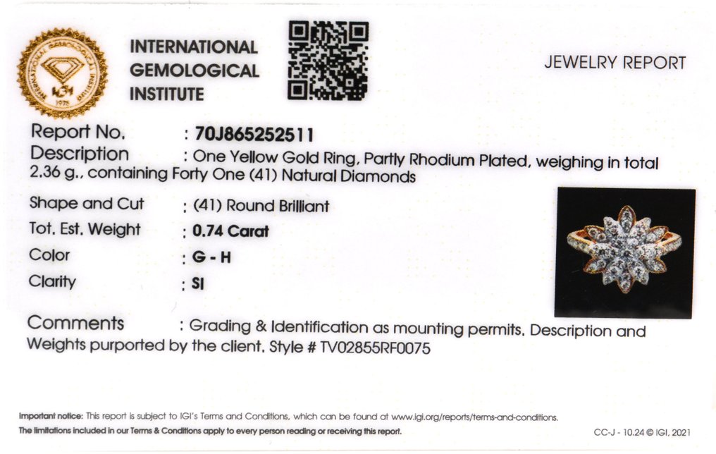 戒指 - 14 克拉 黃金 -  0.74ct. tw. 鉆石 (天然) #2.1