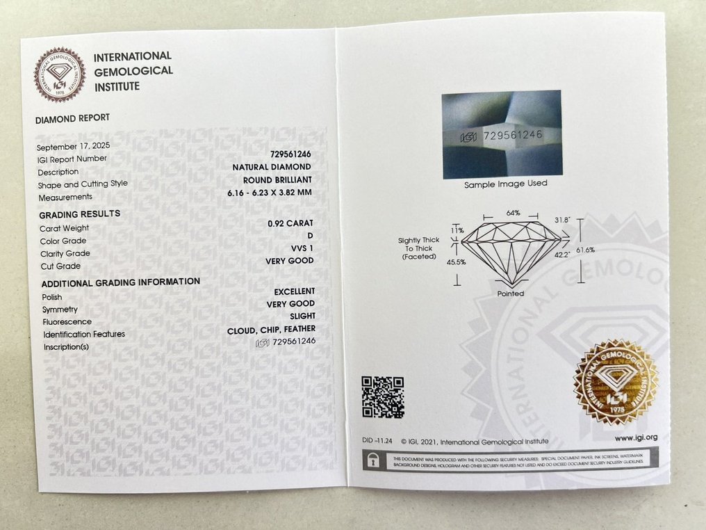 1 pcs 钻石 (天然) - 0.92 ct - 圆形 - D (无色) - VVS1 极轻微内含一级 - 国际宝石研究院(IGI) #2.1
